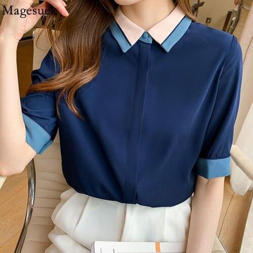Summer Loose Chiffon Shirt Polo Collar Dark Blue Tops 2021 New Short Sleeve Womens Blouse Office Lady Fashion Clothing 13922