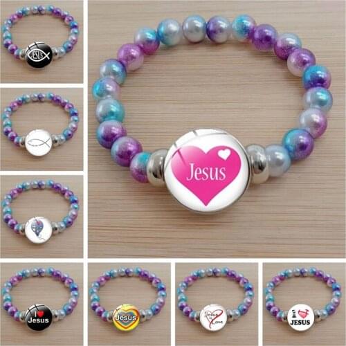 Jesus Fish Christian Symbol Bracelet Handmade Glass Gem Color Beads Mens and Womens Bracelets Jewelry