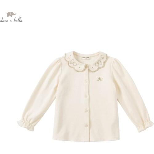 DKY19246 dave bella autumn 5Y-13Y kids girls clothes children fashion bow solid T-shirt girls high quality fashion tees