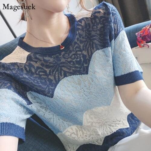 Elegant Blue O-Neck Womens Shirt Casual Ice Silk Knit Tops Short Sleeve Woman Blouses Summer Hollow Out Fashion Clothing 14657