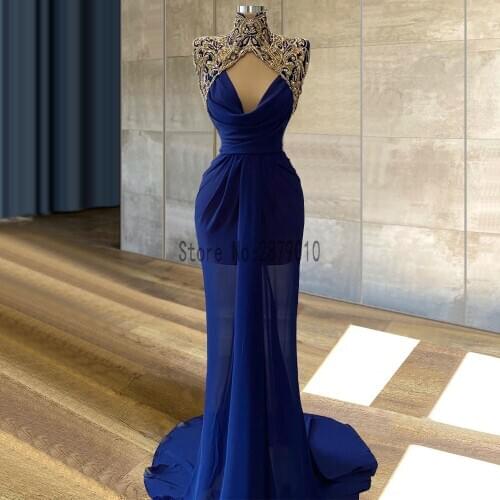 Royal Blue High Neck Evening Dresses Applique Beads Illusion Chiffon Evening Gowns Formal Female Dress