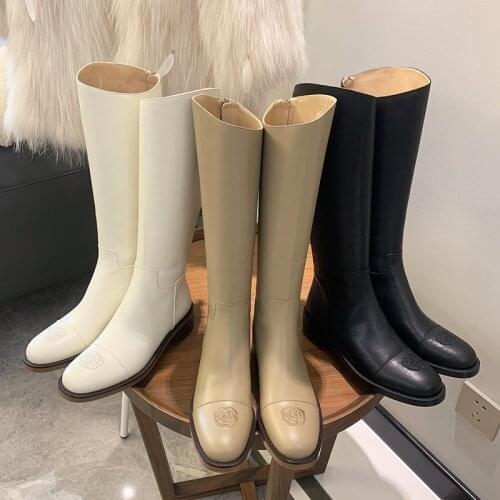 MKKHOU Fashion Knee-high Boots Women 2020 New Winter Leather Round-toe Camellias Pile warm Middle Heel Straight Leather Boots