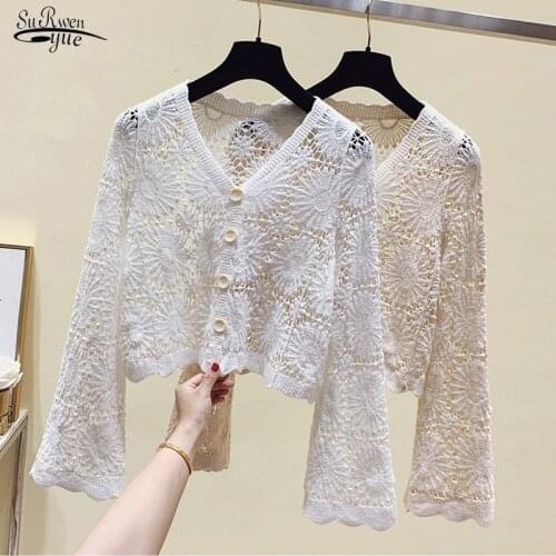 Fashion Sexy Long Sleeve Slim Blouse Women New Hollow Out Button Up Lace Shirt Women White Apricot Female Clothing Blusas 13636