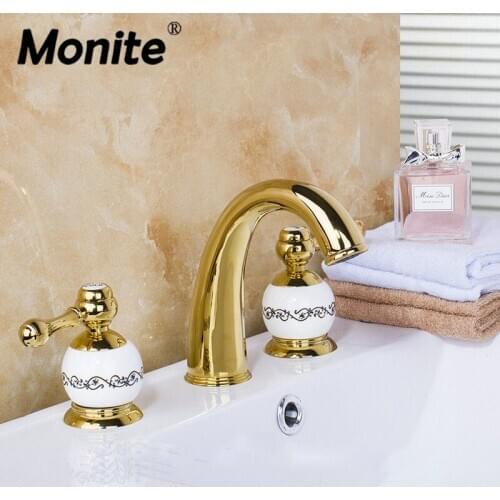 Monite 3 Pcs Set Bathtub Golden Plated Bathroom Faucet set European Split Basin Mixer Tap Ceramic Faucet Body 2 Handles
