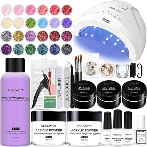 Acrylic Nail Kit - Glitter Acrylic Powder and Monomer Nail Liquid Nails Kit with 48W Nail Lamp UV Gel Primer for Acrylic Nails
