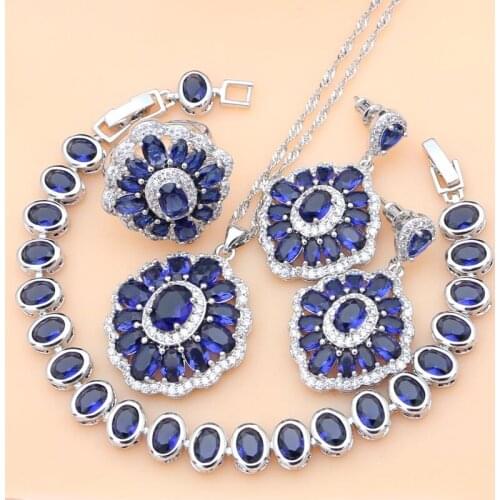 Hyperbole 925 Silver Jewelry Sets Blue Zircon White CZ Beads Coustome For Women Earrings/Pendant/Rings/Bracelet/Necklace Set