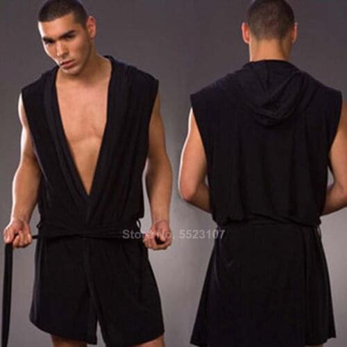 New Thin Mens Robe Home Wear Lounge Solid Color Loose Hooded Bathing Robe Gown Lace Up Sleeveless Smooth Sleepwear