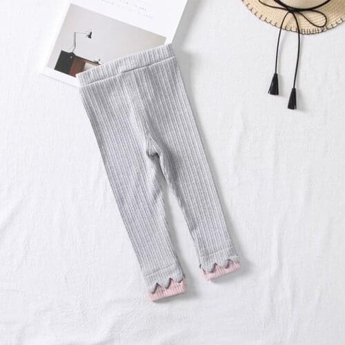 New Arrival Childrens Clothing Child Autumn Pants Knitted Cotton Girls Leggings for 3-7Y Kids Flower Hem Rib StripedTrousers