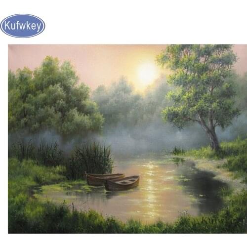 Landscape sunrise Diamond Embroidery full drill square/round cross stitch 5d diy diamond painting"lake boat"mosaic rhinestones