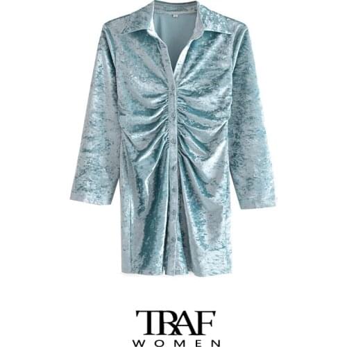TRAF Za Women Chic Fashion Pleated Fitted Velvet Mini Dress Vintage Long Sleeve Button-up Female Dresses Vestidos Mujer