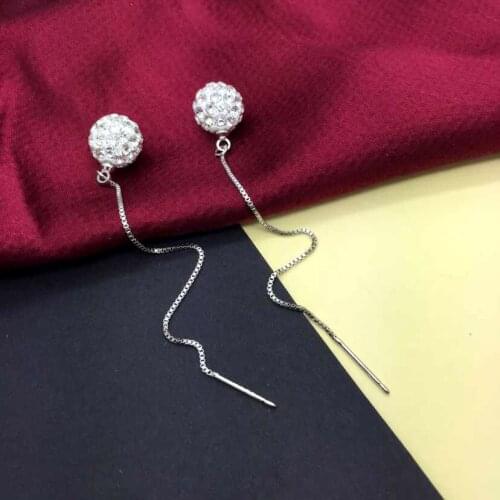 Silver Earrings For Women Lady 8mm Crystal Ball Long Chain Tassel Drop Earring Minimalist Statement Jewelry Pendientes Mujer