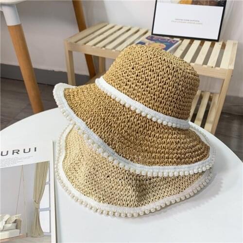 Summer Sun Hat Pearl Paper Straw Hat Visor Temperament Handmade Womens Beach Vacation Leisure Sunscreen Cute Korea Cap Chapeu
