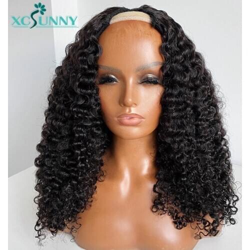 U Part Curly Wig Human Hair 200 Density Remy Brazilian Kinky Curly Wig 2x4inch Middle Upart Wig For Black Women Xcsunny