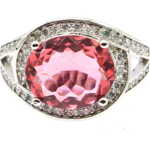 20x17mm SheCrown Anniversary Created Pink Raspebrry Rhodolite Granet CZ For Ladies Daily Wear Silver Rings
