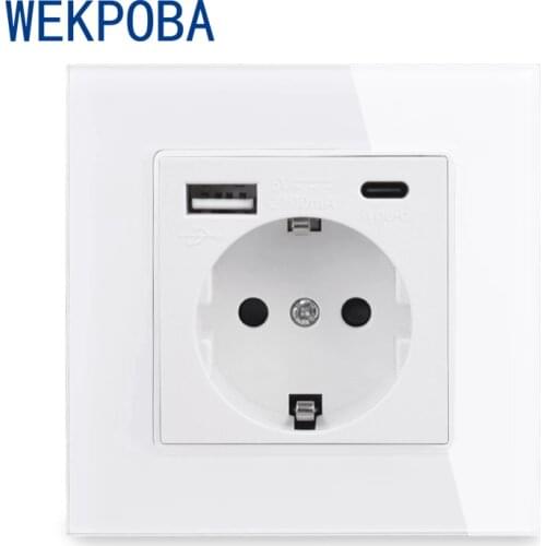 WEKPOBA Tempered Glass Panel EU/ Russian Standard Wall Power Socket With 2 USB Charge Port Hidden Soft LED 86mm/146mm Size