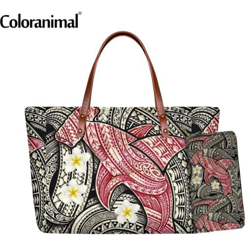 Coloranimal Hot Sale 2Pcs/Set Women Shoulder Bag&Wallet Polynesian Shark With Plumeria Printed Female Crossbody Bag Tote Handbag