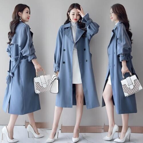 Plus size Loose Tie Belt Waist Thin Trench Coat For Women 2020 New Spring Autumn Korean Black blue Long Windbreaker Female