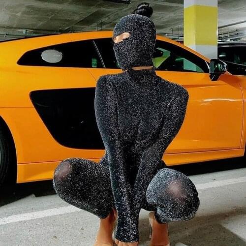 STYLISH LADY Glitter Jumpsuits with Cap 2021 Spring Autumn Women Long Sleeve Backless Bodycon Black Club Party One Piece Overall