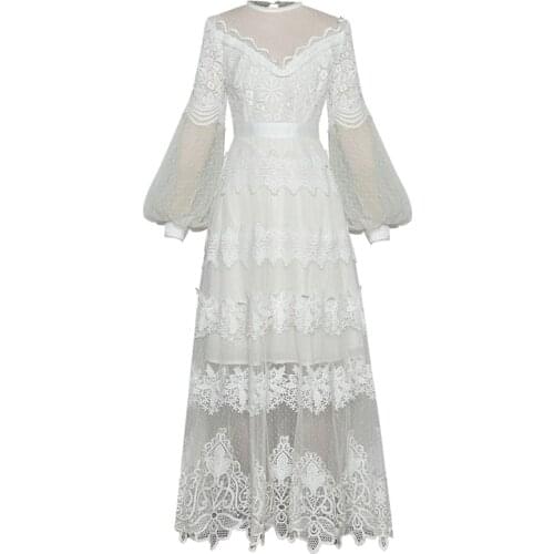 Gorgeous Milan Runway Designer High Quality New Women Fashion Party Sexy Vintage Elegant Chic Gentlewoman White Lace Long Dress