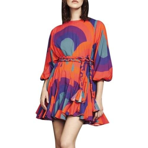 Casual Woman Dress Lantern Sleeve Lace Up Loose Mini Dress with Sash Elegant Printed High Waist Dresses Wholesale Dropshipping