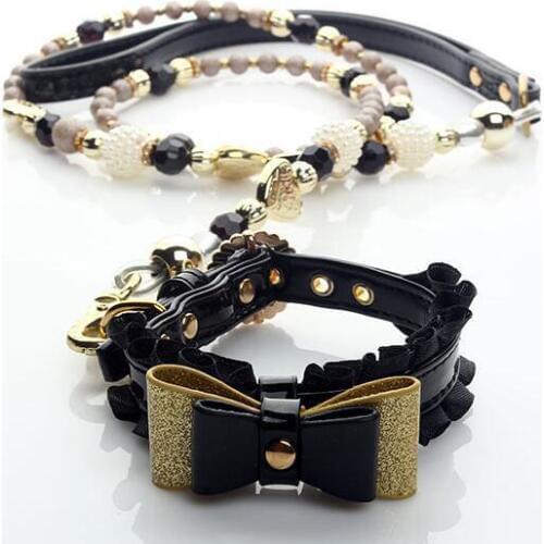 1pcs dogs cats fashion bowknot collar pearl lead set supplies doggy collars leash suit pet dog products pets accessories S M L