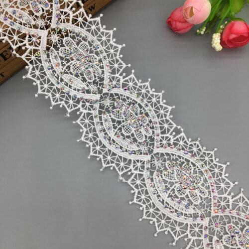 1 Yard White 3D Rhinestones Lace Trim Embroidered Applique Lace Ribbon Glitter Patches DIY For Wedding Dress Clothes Shoes Decor