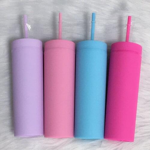 16oz skinny tumbler with lid and straw Insulated Reusable plastic cups clear double wall spray painted matte acrylic Party Gift