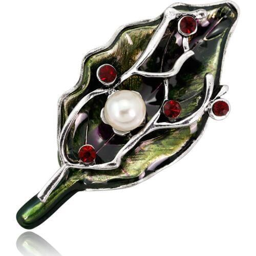 2018 Fashion Alloy plants leaf Brooches jewelry beautiful Rhinestone pearl pins and brooches for women men pins metal