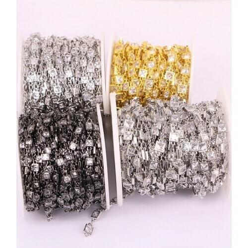 3 Meters ZYZ177-8966 Clear White Zircon Faceted Square Beads Chains, Rosary Chain CZ Wire Wrapped Plated Chain Jewelry