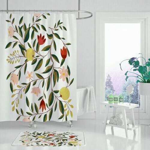 Watercolor flower plant shower curtain blue shower curtain bathroom decoration waterproof curtain set