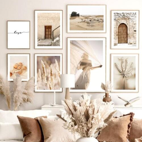 Beige Fall Door Desert Reed Leaf Girl Orange Wall Art Canvas Painting Nordic Posters And Prints Wall Pictures Living Room Decor