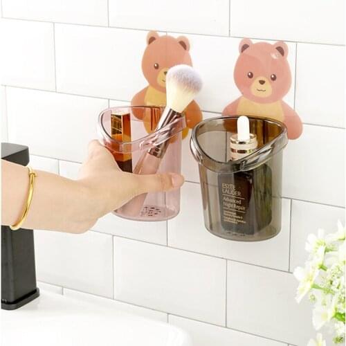 New Free Punching Cup Holder Bathroom Accessories Wall-mounted Cartoon Bear Toothpaste Brush Holder Cup Portable Washing Cup