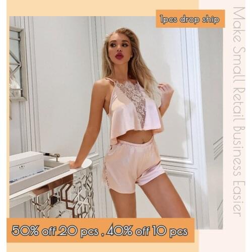 Women Wholesale Sexy Sleepwear Lace Tank Panty Silk Lingerie Set Pajamas CT 2622