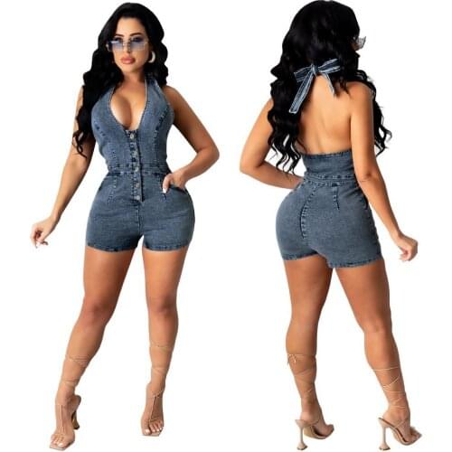 Echoine Sexy Halter Backless Denim Playsuit Skinny Bodycon Button Pocket Rompers V-neck Lace Up Bodycon Streetwear Outfits New