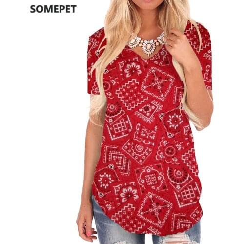 SOMEPET Pattern T Shirt Women Red V-neck Tshirt Creativity Tshirts Printed Art Funny T shirts Womens Clothing Punk Rock