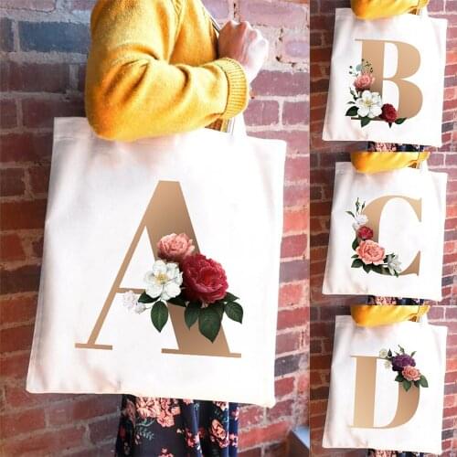 Floral Gold English Initials Women Canvas Shopping Shoulder Bag Reusable Flowers Eco Tote Bag Bride Wedding Shower Party Gift
