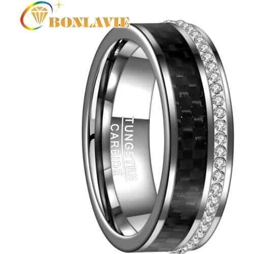 BONLAVIE 8MM Wide Steel Color Polished Plane Beveled Inlaid Black Carbon Fiber White Crystal Tungsten Steel Ring Men Jewelry