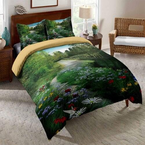 Forest Springtime Freshness Theme Bedding Set Woodland Design Duvet Cover for Kids Boys Girls Sunrise Comforter Cover