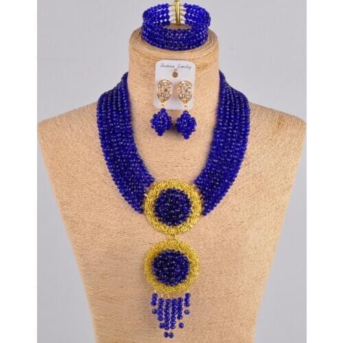 Royal blue african beads jewelry set nigerian jewelry set crystal beaded necklace sets for women 6CLS01