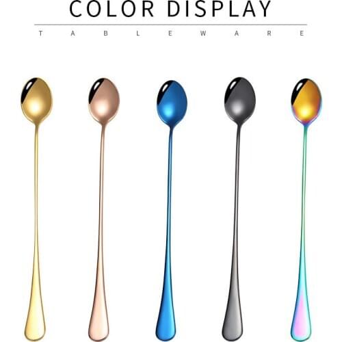 1pcs Colorful 304 Stainless Steel Long Handle Thickened Ice Spoon Creative Style Coffee Ice Drink Mixing Spoon Mixing Spoons