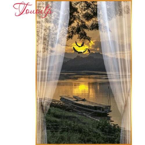 Tououlp Window sunset diamond painting cross stitch boat diamond embroidery kits 3d picture diamond mosaic Home Decor
