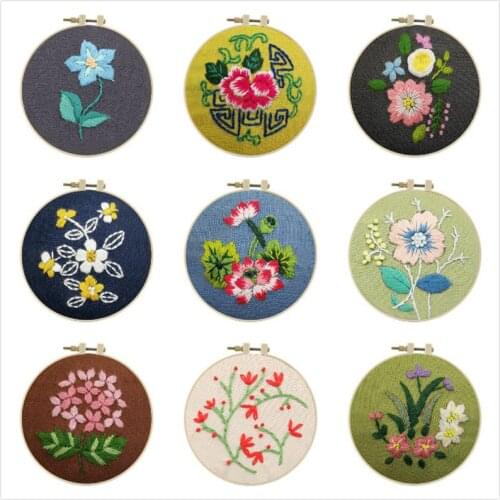 Chinese DIY Flower Embroidery Kit with Hoop for Beginner Needlework Pattern Printed Sewing Art Craft Painting Home Decor