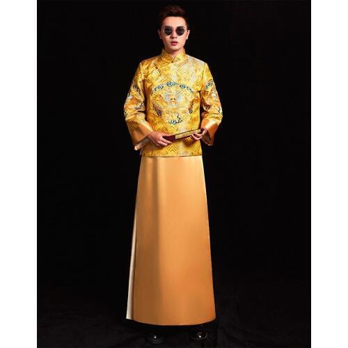 New arrival male Gold Chinese style costume the groom dress jacket long gown traditional Chinese wedding Qi pao for men