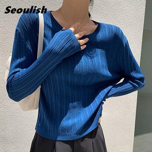 Seoulish Autumn 2021 New Womens Knitted Tops Fashionable Round Neck Long Sleeve Solid Basic Ladies Knitting Pullovers Sweaters