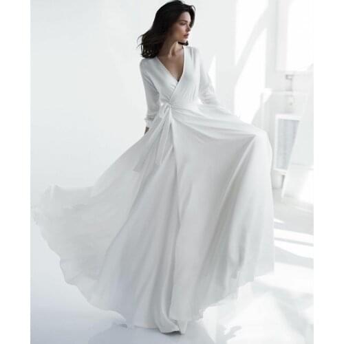 Elegant Long Sleeve V-Neck Wedding Dresses A-Line Side Slit Zipper Back Ivory Robes De Mariée Bridal Gown For Women