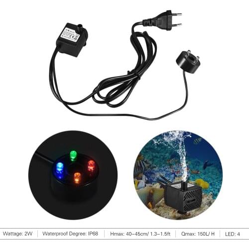150L/H 2W Submersible Water Pump with 4 LED Light for Pond Aquarium Fish Tank Tabletop Fountain Hydroponics 4.9ft Power Cord
