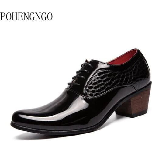 Luxury Classic Mens Brogues Black Oxfords Dress Shoes Pointed Toe High Heels Male Formal Footwear Wedding Party Chaussure Homme
