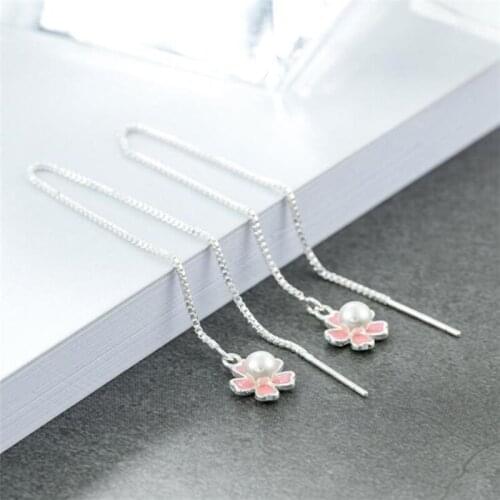 Season Gate 925 Sterling Silver Pink Flowers Cherry Blossoms Pearl Tassel Fashion Earrings for Women Girls Jewelry Gift SE056