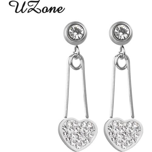 UZone Romantic AAA CZ Stone Heart Paperclip Earring for Girls Bling Safety Pin Stainless Steel Earrings New Charm Party Gifts