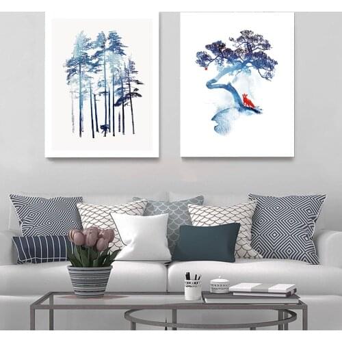 Nordic Decor Forest Scenery Wall Art Canvas Blue Tree Poster and Print Canvas Painting Decor Picture for Living Room Home Decor